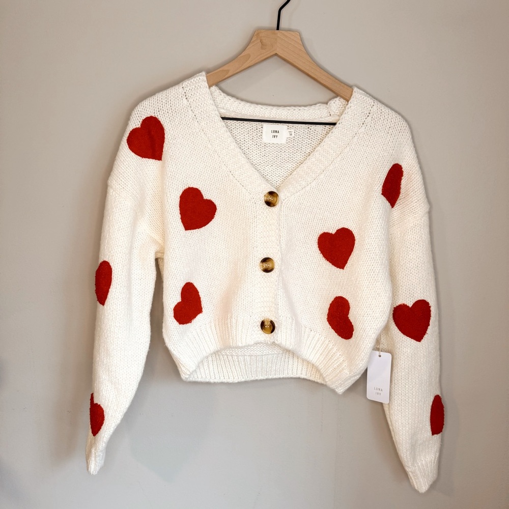 Luna Ivy NWT Valentine’s Day Red Hearts Cardigan Sweater - XS